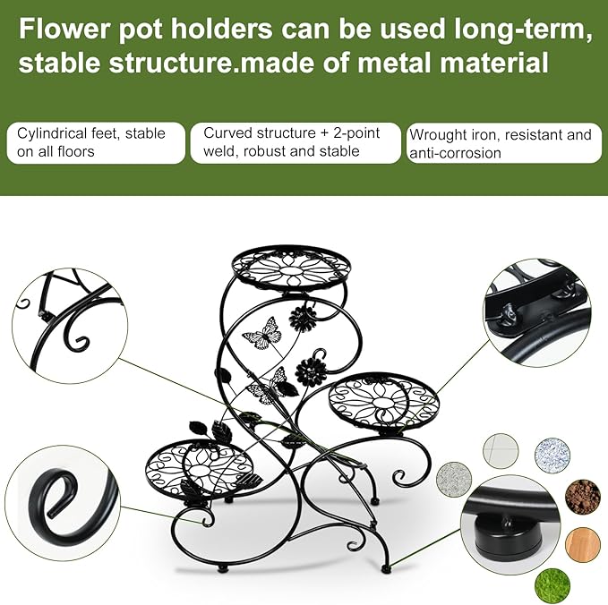3-Tiers Metal Plant Stand Indoor, Heavy Duty Flower Pot Stands for Multiple Plant, Anti-Rust Iron Plant Pot Shelf, Stable Plant Holder, Ladder Plant Pot Holder for Living Room Patio Boho Home Decor for Gardening Visit the HLC Store