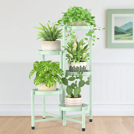 iDavosic.ly Plant Stand Indoor Outdoor, 5 Tier Corner Metal Flower Display Holder Shelf, Easy Assembly Folding Tall Orchid Rack for Patio Balcony Porch Garden Living Room House, Light Green