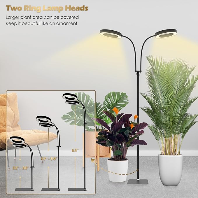 GLOWRIUM Grow Lights for Indoor Plants, Full Spectrum LED Grow Light Floor Lamp with Stand Adjustable Height and Angle, Black Plant Light with 3/9/12H Grow Light Timer (Black, 36W)