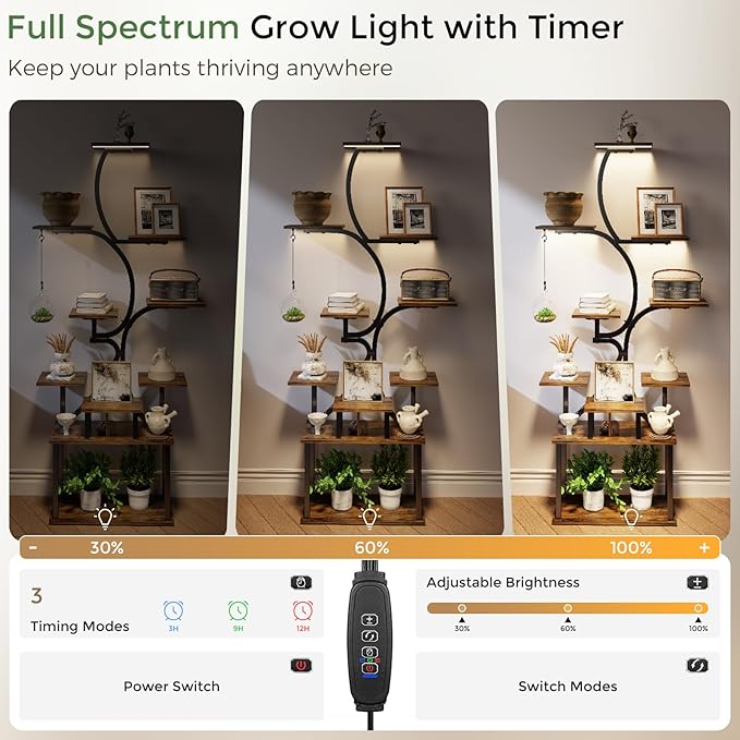 Plant Stand Indoor with Grow Lights - 9-Tier Curved Plant Stand, Tall Metal and Wood Indoor Plant Shelf with Unique Arched Design, Multi-Tier Flower Pot Holder Rack with Waterproof Finish, 63" Tall for Living Room, Balcony, and Garden