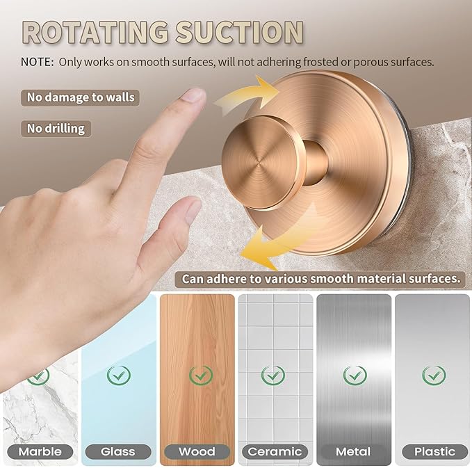 Suction Hooks for Shower, Mirror, Wall, Hanging Towels (Rose Gold, 4 Pieces)
