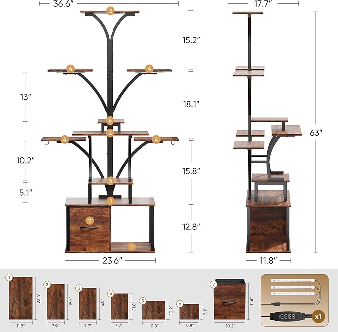 Tree-shaped 63" Tall Plant Stand Indoor with Grow Light 3 Color Modes - 10 Tiered Plant Shelf with Drawer, 10 Brightness Levels, Timer, Wide Base, Lighted Corner Plant Stands for Living Room, Balcony