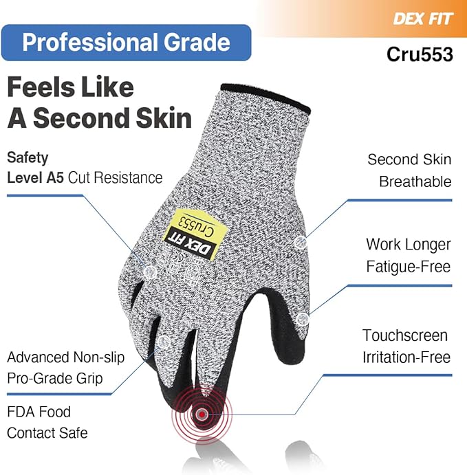 DEX FIT Level 5 Cut Resistant Gloves Cru553, 3D-Comfort Fit, Power Grip, Professional, Durable, Touchscreen, Thin, Cool