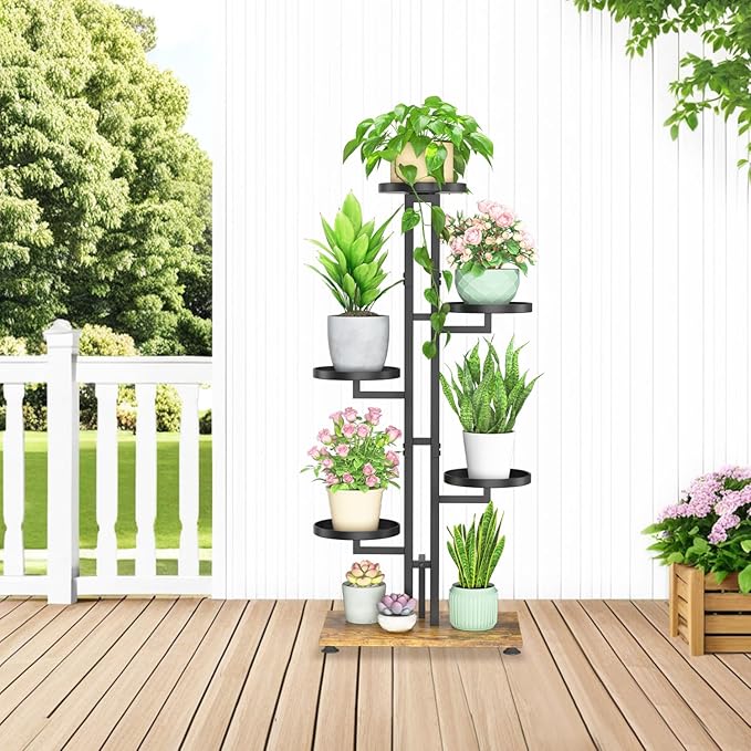 LASZOLA Black 5 Tiered Plant Stand Indoors Heavy Duty Metal Rack, Sturdy Multi Level Shleving Hold Flowers, Larger House Decorate Ladder for Planting Inside Tree Herb Cactus, Wooden Base, Space Saving