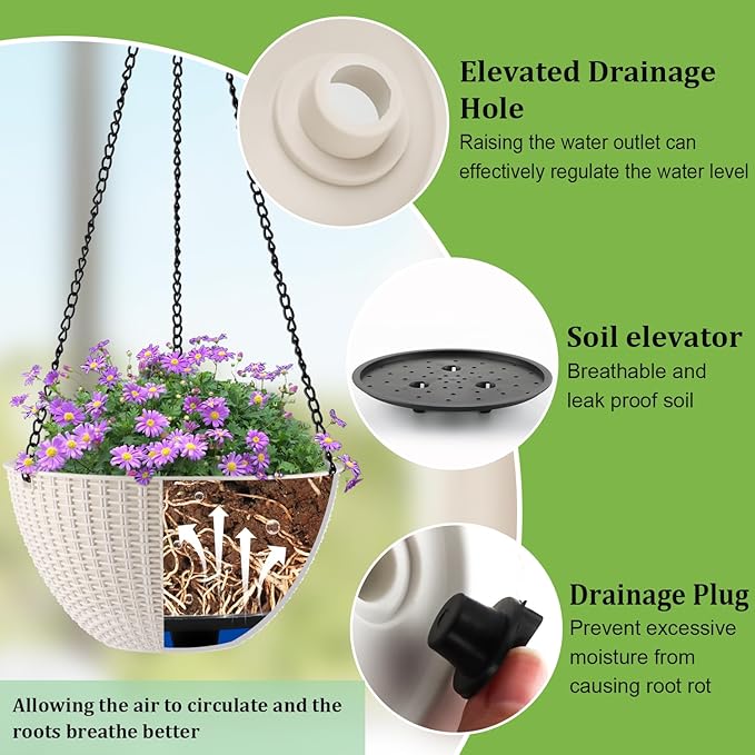 Hanging Planters for Indoor Outdoor Plants 8 and 10 Inch, 4 Packs Hanging Flower Pot with Drainage Holes, Self-Watering Hanging Basket Perfect for Home, Office and Garden, White