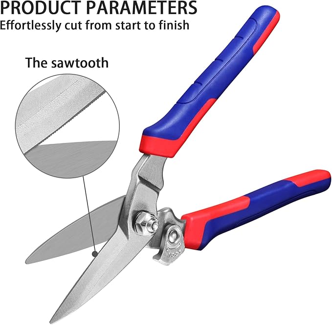 Heavy Duty Industrial Scissors: Utility Sharp Aviation Tin Snips for Cutting Thin Metal Sheet, Fine Iron Wire, Wires, Plastic, Rubber Hose, Carpet, Cardboard （8'' Blue）
