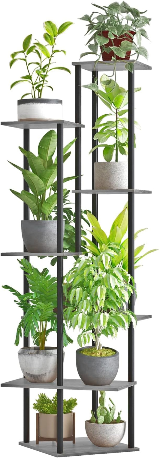 Tall Plant Stand Indoor, 7-Tier Modern Plant Shelf for Multiple Plants, Wood Metal Flower Holder for Living Room Balcony Bedroom, Oak Grey