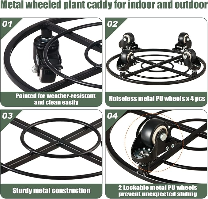 3 Packs Large Metal Plant Caddy with Wheels 13.6" Rolling Plant Stands Heavy-Duty Wrought Iron Plant Dolly Plant Rollers Planter Mover with Casters