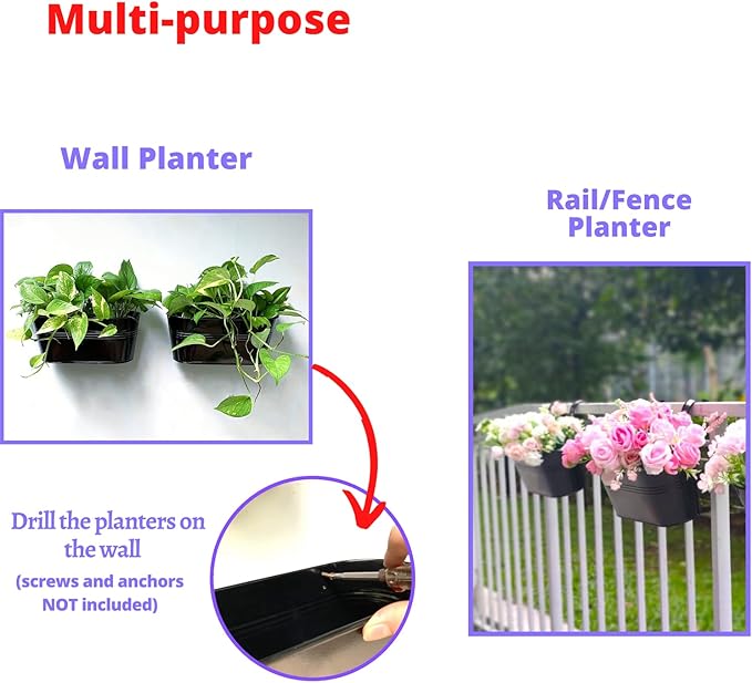 LaLaGreen Railing Planter Outdoor Plants (11.2 Inch, 2 Pack) Black Metal Iron Hanging Flower Pots Deck Rail Fence Hanging Bucket Modern Countryside Style Window Box Plant Holder with Hooks Porch Decor