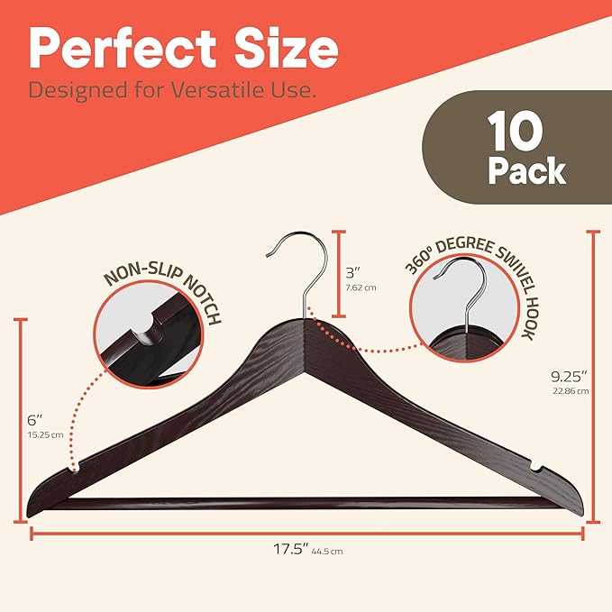 Cherry Wooden Hangers 10 Pack – Heavy-Duty with 360° Swivel Hook, Non-Slip, Pants Bar & Shoulder Grooves - Wooden Hangers for Suits, Jackets, Dresses & Camisoles, Space-Saving and Smooth Finish