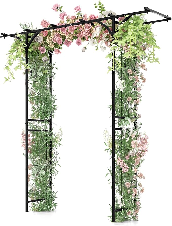 S AFSTAR Garden Arch Trellis Pergola, 6.8 FT Outdoor Metal Arbor w/Extended Top, 4 Ground Stakes, Plant Support Trellis for Climbing Plant Vine Rose, Garden Arbour Archway for Wedding Ceremony Party