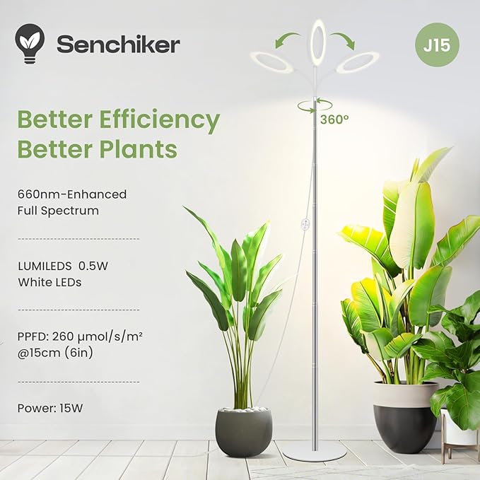 Grow Lights for Indoor Plants 24V, 660nm-Enhanced Full Spectrum, LUMILEDS LED Plant Light, 6.3in Grow lamp with Timer & Dimming, Adjustable Height 14-59in, 15W, 260μmol/s/m²@15cm(6in), J15-W