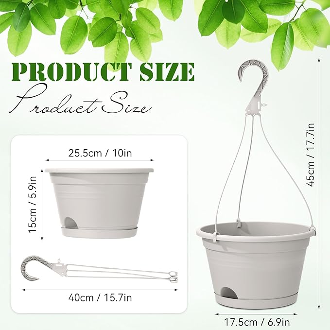 Roshtia 20 Pcs 10 Inch Hanging Baskets for Plants Large Plastic Hanging Basket Pots with Drainage Trays Self Watering Planter Pots for Outdoor Indoor Plants Flowers Garden Balcony (Grey White)
