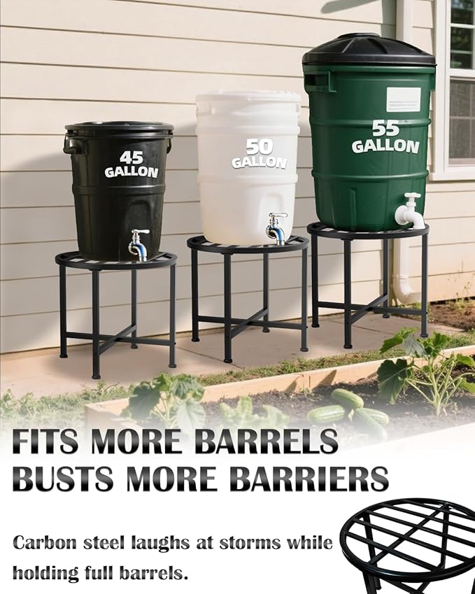 Rain Barrel Stand, Heavy Duty Rain Water Collection Base, Rain Barrel Stand for 45/50/55 Gallon Plastic Outdoor Rain Barrel, Loading 1200lbs for Out Garden, Irrigation, Carbon Steel, Black