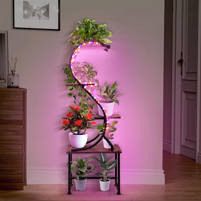 Plant Stand Indoor with Grow Lights - No Visible Cords, 43" Tall Plant Shelf Indoor, 4 Tiered Corner Plant Stands for Indoor Plants, Metal Flower Display Shelves, Lighted Plant Rack for Home Decor