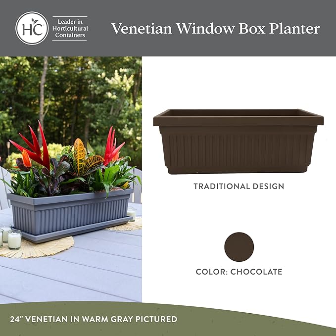 The HC Companies 18 Inch Venetian Window Planter Box with Drainage Plug, Lightweight UV-Resistant Plastic Outdoor Planters, 2-Pack Flower Box for Garden & Home Decor, Chocolate