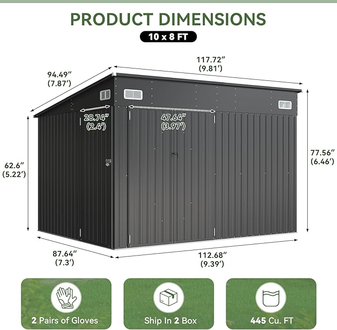 Aoxun 9.4'x7.3' Triple Door Shed Outdoor Storage Shed with Three Lockable Door for Easily Accessing Metal Storage Cabinet with Slopping Roof for Tools Bicycles Storage for Garden, Backyards (Black)