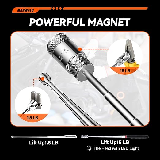 Telescoping Magnetic Pickup Tool Set with Portable Bag, Extendable Flashlight with 360° Inspection Mirror, Christmas Stocking Stuffers for Men Adults, Gifts for Men Mechanics, Handymen, Grey