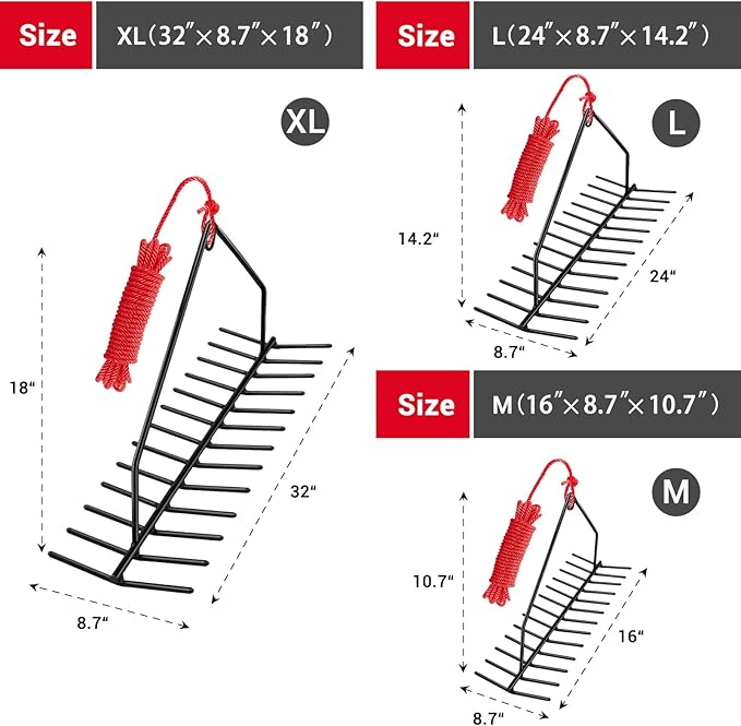 24" Aquatic Weed Rake, No Assembly Required, 8.6" Steel Rod Lake Weed Cutter, One-Piece Welding, Lake Weed Rake for Pond Beach Landscaping, Perfect Tie Hole, 30ft Thicker Rope and Net, Black.