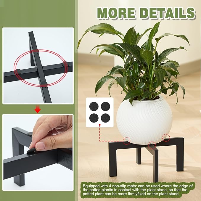 Heavy-Duty Metal Plant Stands Indoor Outdoor, 2/3 Pack Modern Plant Holder & Rattan Stool - Low Short Black Plant Stands Fit 5-12 Inch Pots (Plant Not Included)(3Pcs)