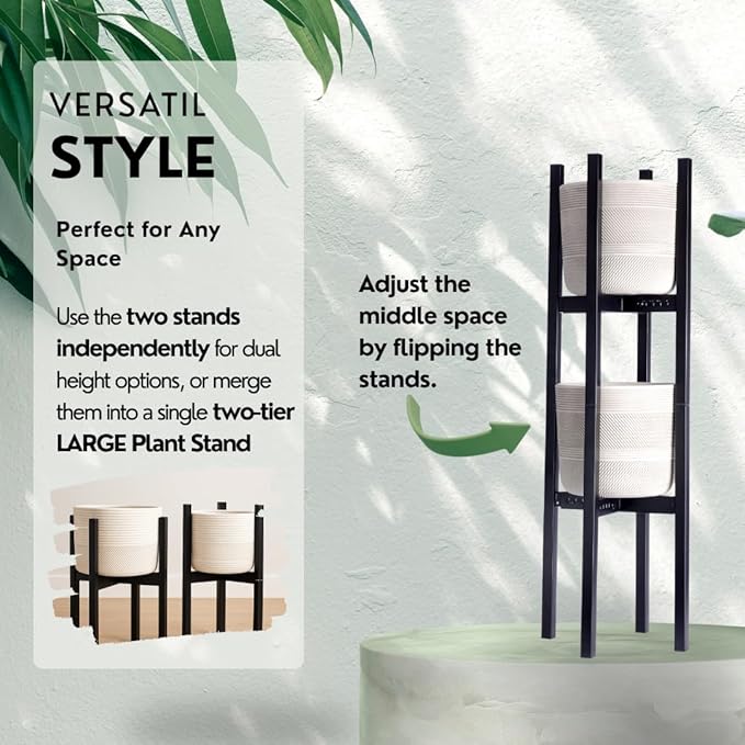 2 Tier indoor outdoor Plant Stand - Set of 2 Heavy Duty Rustproof Metal Plant stands, Modern Reversible Flower holder for Large Pots. Adjustable plant stand for pots 8–12 Inch), 32" Tall, Stackable Rack for Patio or Home Decor by iSpaces