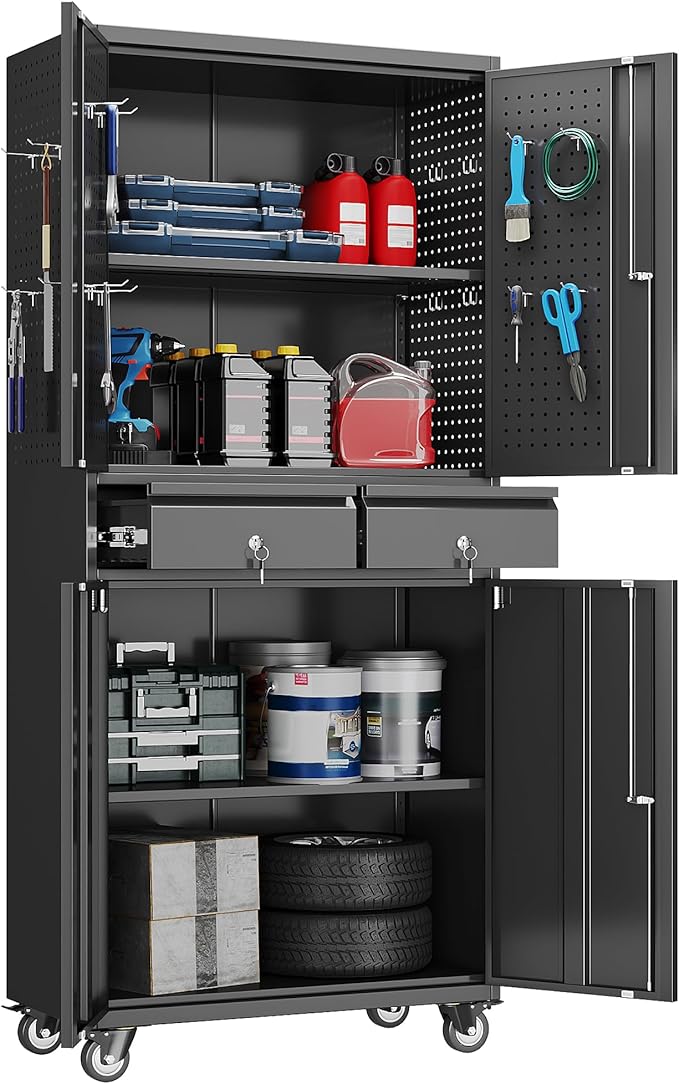 Garage Storage Cabinet with Wheels and Doors,71" H Metal Storage Cabinet with Pegboard and 2 Drawers for Garage, Warehouse,Home,Required Assembly,Black