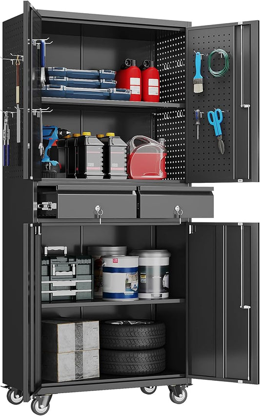 Garage Storage Cabinet with Wheels and Doors,71" H Metal Storage Cabinet with Pegboard and 2 Drawers for Garage, Warehouse,Home,Required Assembly,Black