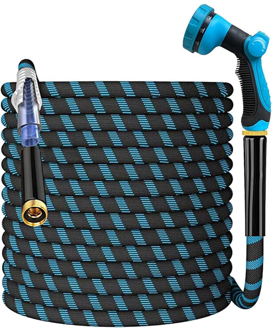 Non-Expanding Garden Hose 150ft,flexible, lightweight hose is resistant to kinks and tangles.With 10-way nozzle, strong 3/4” metal fittings.