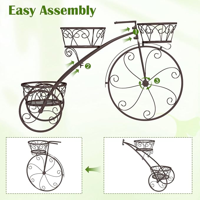 Tricycle Plant Stand, 3-Tier Metal Plant Stand Bicycle Flower Pot Cart with Hollowed Baskets, Planter Potted Holder for Patio, Garden, Deck, Lawn (Bronze)