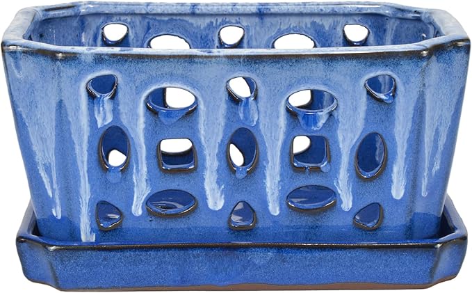 W&W Orchid Pot with Holes, Garden Pot for Orchid, Plant and Flower Pots Indoor Outdoor,White and Blue,9 Inches
