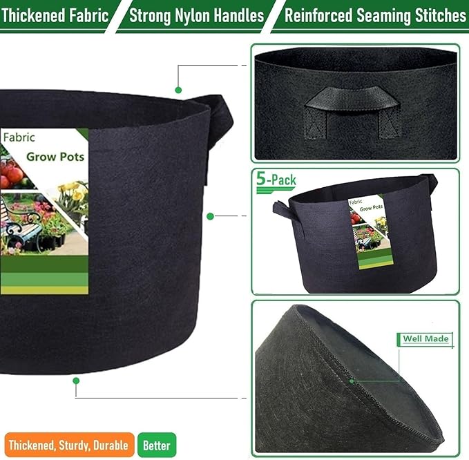 5-Pack 7 Gallon Plant Grow Bags (14x12 inch) Thickened Fabric Plant Pots Garden Bags for Tomato,Potato Planter Bag,Herbs Veggies Planters,Flower Pot,Garden Pot,Barrel Planter,Plant Container W/ Gloves
