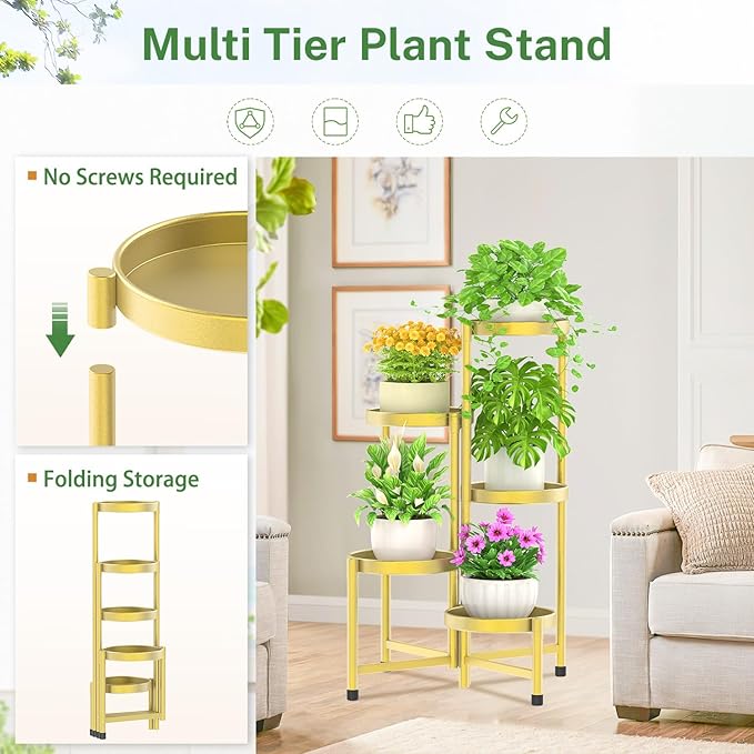 iDavosic.ly Plant Stand Indoor Outdoor, 5 Tier Corner Metal Flower Display Holder Shelf, Easy Assembly Folding Tall Orchid Rack for Patio Balcony Porch Garden Living Room House, Gold