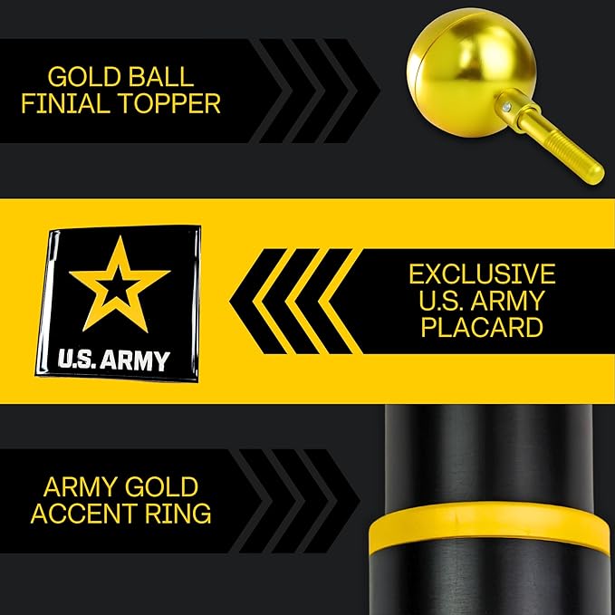 Service First US Army Black 25FT Telescoping Flagpole Kit for Outside House In Ground - Anti Tangle Swivel Ring Design - 100MPH Wind Tested