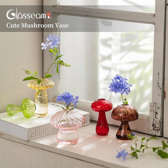Glasseam Mushroom Glass Planter, Set of 5 Colored Plant Propagation Station, Mini Terrarium for Plants, Unique Small Glass Vase for Flowers, Cute Hydroponic Indoor Planters Gifts for Women Room Decor