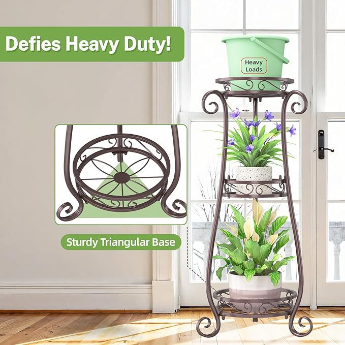 iDavosic.ly 3 Tier Metal Plant Stand Indoor Outdoor, Wrought Iron Corner Tall Flower Pot Holder Shelf, 34 Inch Vertical Heavy Duty Display Rack for Patio Porch Living Room Garden, Bronze