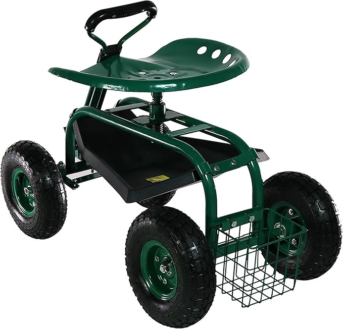 Sunnydaze Garden Seat with Wheels - Rolling Gardening Seat - Garden Stool on Wheels with Adjustable Handle and Utility Tray - Green