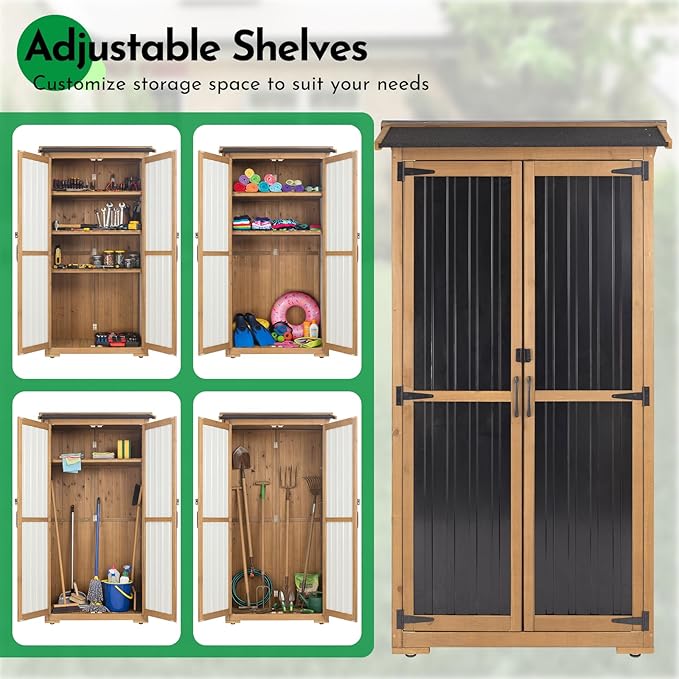 Large Outdoor Storage Cabinet, Wood Outdoor Storage Shed with Three Adjustable Shelves, Lockable Doors, Waterproof Roof, Outdoor Cabinets Garden Tool Shed, Brown, 38''x20.5''x69''