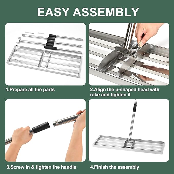 Lawn Leveling Rake 17*10 inch,Stainless Steel Lawn Leveler with 76” Long Handle .Heavy Duty Ground Leveler Tool Leveler Yard Rakes for Spreading Sand, Soil, Seed & Gravel.