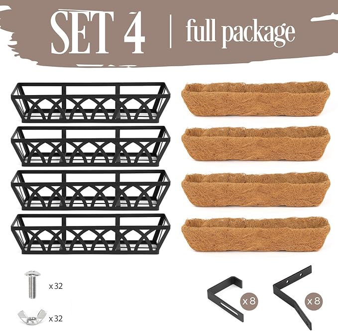 4 Pack 32IN Window Box Railing with Adjustable Brackets, Hanging Flower Planter Basket with Coco Liner for Outdoor Balcony Porch Fence Patio (Black)