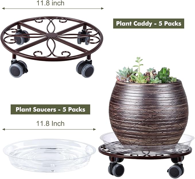 5 Pack Plant Caddy with Wheels Heavy Duty 11.8 Inches Metal Plant Stand with Wheels Plant Dolly Rolling Plant Stand Plant Roller with Casters for Indoor and Outdoor (5, Bronze)
