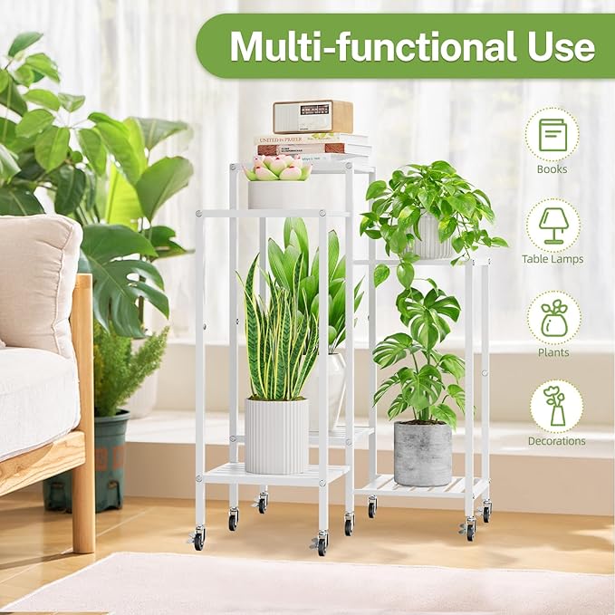 iDavosic.ly 6 Tier Plant Stand Indoor with Wheels, Metal Tiered Corner Flower Holder Shelf Outdoor for Large Pots, Tall Rolling Rack for Patio Porch Garden Balcony Living Room, White