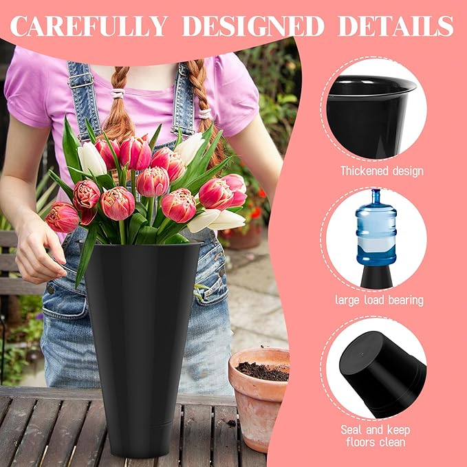 Flower Display Stand with Buckets, 4 Layers 16 PCS Buckets Plant Stand with Wheels, Movable Metal Plant Stand for Terrace Garden, Living Room, Florist Shop (Black Frame - Black Buckets, 4-Tier)