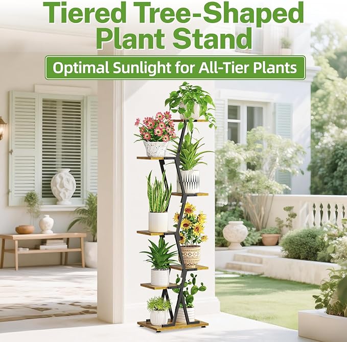 iDavosic.ly 6 Tier Indoor Plant Stand, Corner Tall Metal & Wood Flower Shelf, Orchid Display Rack for Living Room Balcony Patio Porch, Space Saving & Multifunctional Display, Black & Brown