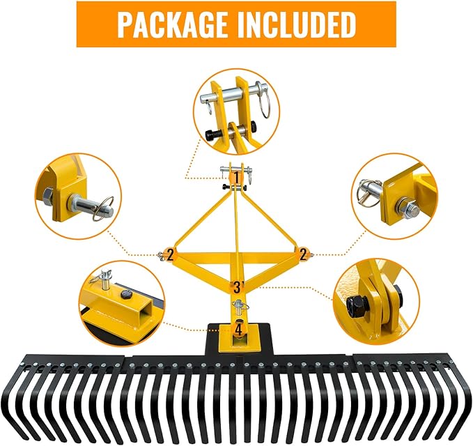 60 Inch 3 Point Landscape Rake with Heavy Duty Tines and Pin Hitch Perfect for Category 1 Tractor, Lawn Tractor Rake Ideal for Lawn Care and Landscaping