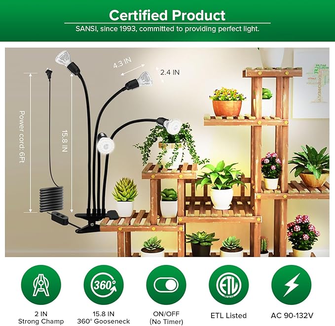 SANSI LED Grow Lights for Indoor Plants, 600W Full Spectrum Gooseneck Clamp Grow Lamp, 40W Power Plant Light with High PPFD for Seeding, Lifetime Free Bulb Replacement Plant Lights for Indoor