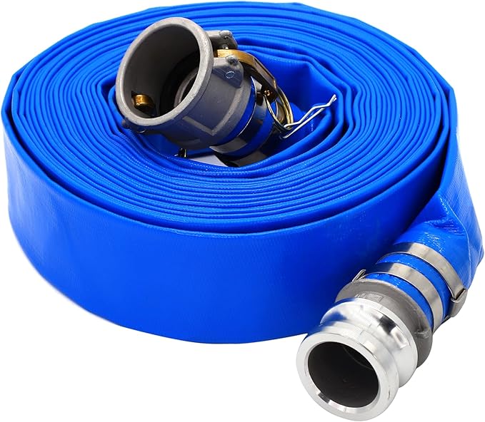 DAVCO 1.5" ID × 100 ft Pool Backwash Hose, Heavy Duty Reinforced Blue PVC Lay Flat Water Discharge Pump Hoses For Swimming Drain Pools and Clean Filters, with Aluminum Camlock C and E Fittings