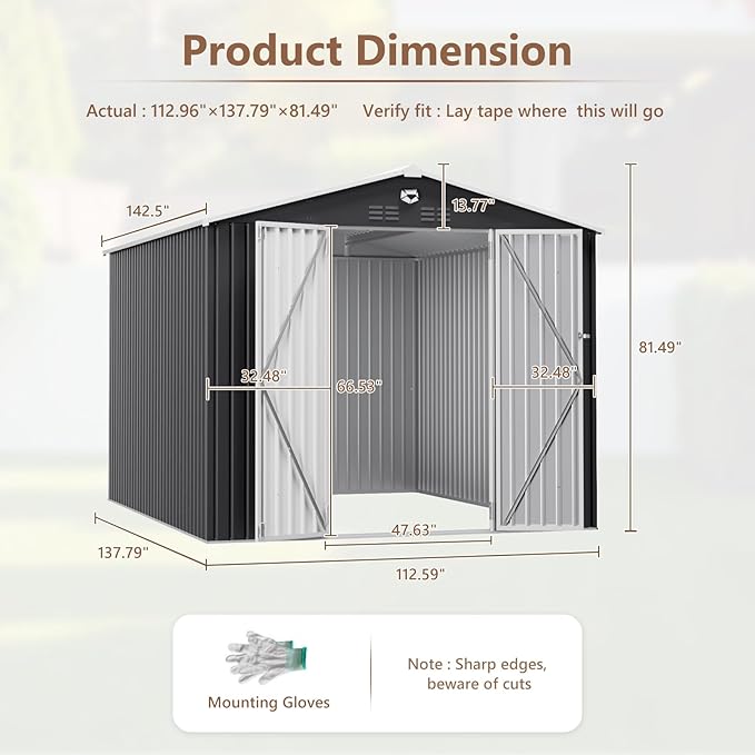 10x12 FT Outdoor Storage Shed, Metal Sheds & Outdoor Storage, Waterproof Sheds with Lockable Doors for Backyard (No Window)