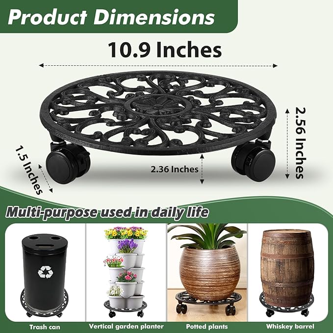 2 Packs 11 Inch Rolling Plant Stand with Wheels Wrought Iron Rolling Plant Stand with Casters Heavy Duty for Indoor Plants Rollers with Plant Saucers, Metal Round Plant Dolly