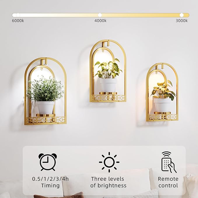 Wall Planter Holder with Light, Metal Arch Frame Hanging Plant Stand with Grow Lights, Modern Black Iron Wall Decor for Indoor Outdoor Living Room, Balcony & Garden 2 Pack Golden