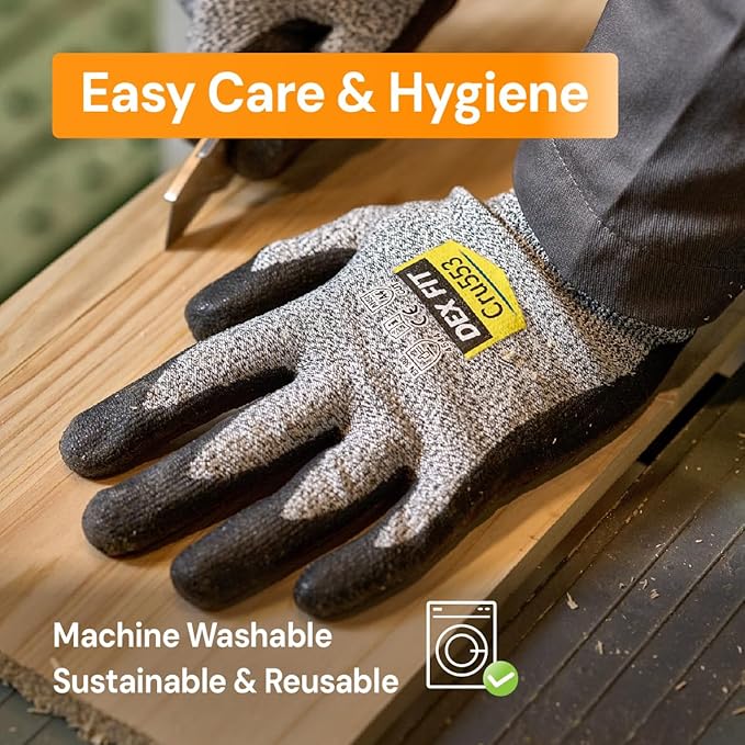 DEX FIT Level 5 Cut Resistant Gloves Cru553, 3D-Comfort Fit, Power Grip, Professional, Durable, Touchscreen, Thin, Cool